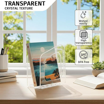 Clear Acrylic Book Stand 5-Section Vertical File Desk Organizer with Handle Detachable Magazine Rack for Office Closet & Kitchen Storage (White)