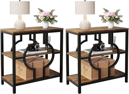 End Table Set of 2, Narrow Side Table with 3-Tier Storage Shelves, Wood Sofa Side Table with Geometric Metal Frame for Living Room, Industrial Bedside Nightstand for Bedroom (Brown)