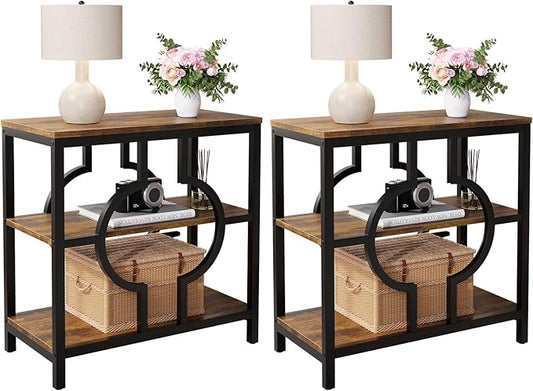End Table Set of 2, Narrow Side Table with 3-Tier Storage Shelves, Wood Sofa Side Table with Geometric Metal Frame for Living Room, Industrial Bedside Nightstand for Bedroom (Brown)
