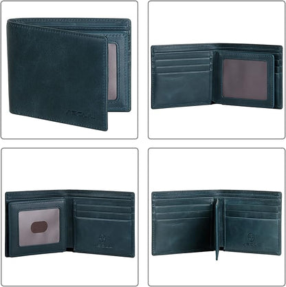 VISOUL Mens Bifold Leather RFID Blocking Wallet with 2 ID Windows, Soft Genuine Leather Card Holder Wallet with 2 Cash Compartments for Men (Dark Blue)