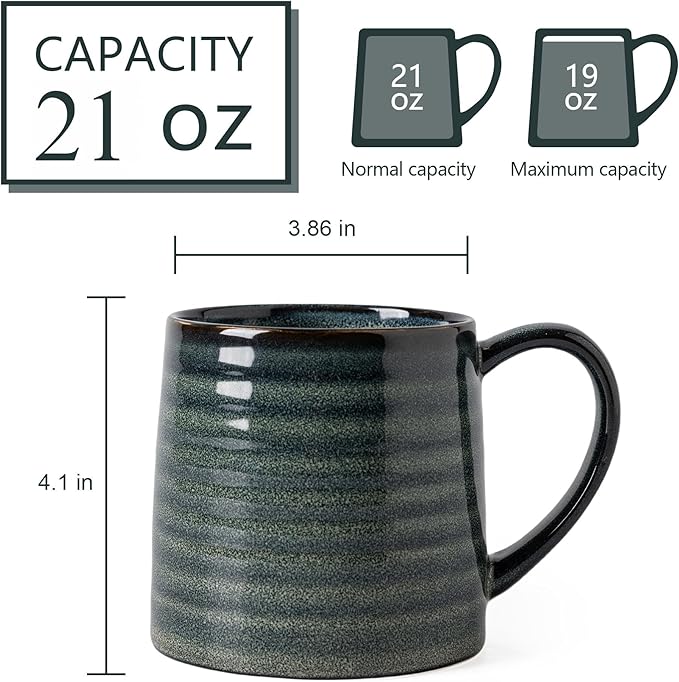Ceramic Coffee mugs, 21 oz, Extra Large Mugs, Big Tea Cup, Large Handle, Pottery Mug, Big Belly, Transmutation Glaze，Wide Bottom, stripe pattern, Microwave & Dishwasher Safe. (Dark Green)