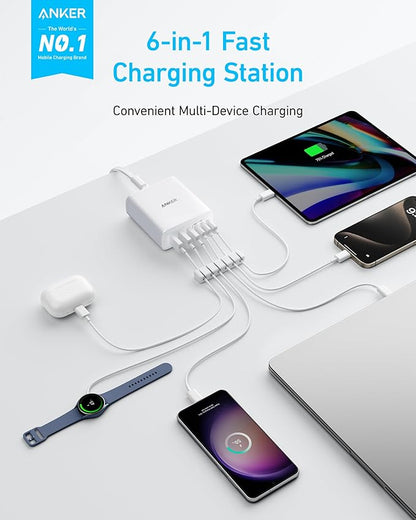Anker Desktop Charger, Fast Charging USB C Charger with 112W Max 6-Port Desk Accessories for Home Office, Campatible with Multiple Devices, iPhone, iPad, MacBook, Galaxy and More (Cable Not Included)