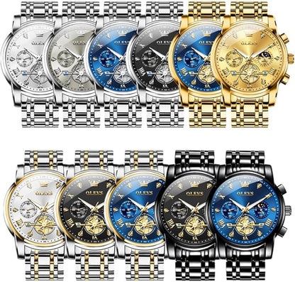 OLEVS Men Silver Watches,Men's Stainless Steel Chronograph Watch,Man Analog Quartz Big Face Male Watches Luxury Waterproof Roman Numeral Dress Diamond Relojes para Hombre