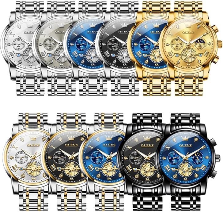 OLEVS Men Silver Watches,Men's Stainless Steel Chronograph Watch,Man Analog Quartz Big Face Male Watches Luxury Waterproof Roman Numeral Dress Diamond Relojes para Hombre
