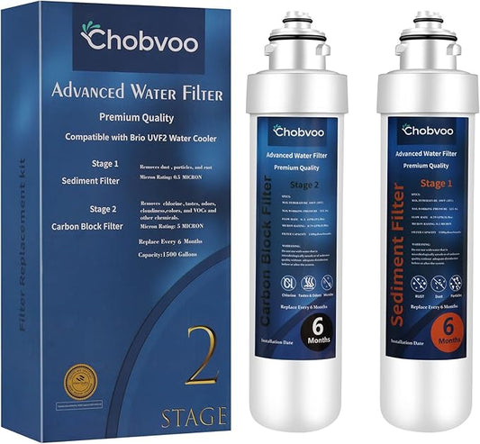 2 Stage Water Filter Replacement for Brio® NFMCTO5MS2 and NFMPP5M, Compatible with The UVF2 Series Models of Brio® Bottleless Water Cooler Dispensers, 1500 Gallons, Leak-free, 2 Counts
