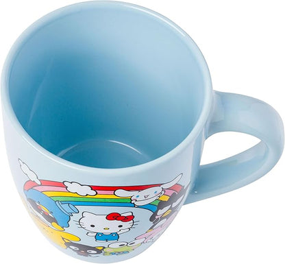 Silver Buffalo Sanrio Hello Kitty and Friends Featuring Badtz-Maru, My Melody, Cinnamoroll, Pompompurin, Tuxedo Sam, Keroppi, and Chococat Rainbow Jumbo Curved Ceramic Mug, 25 Ounces