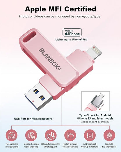 MFi Certified 512GB Flash Drive for iPhone Photo Stick, USB Memory Stick iPhone Flash Drive for Photos Videos, High Speed External Storage USB Stick Thumb Drive for iPhone/iPad/Android/PC(Rose Pink)