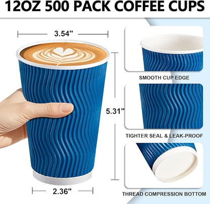500 Pack 16oz Coffee Cups,Corrugated Insulated Ripple Wall Disposable Paper Coffee Cups 500 Count,Hot Beverages Cup for Office,Party,Home,Travel(Navy)