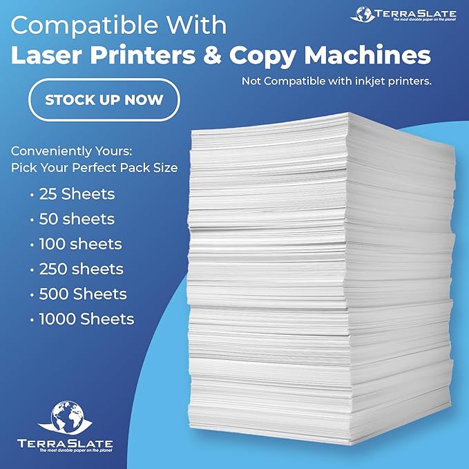 TerraSlate Premium Waterproof Paper, 5 MIL 8.5” x 11”, Laser Printer & Copy Machine Compatible, Durable & Rain/Weather-Proof Copy Paper, White Paper (25 Sheets)