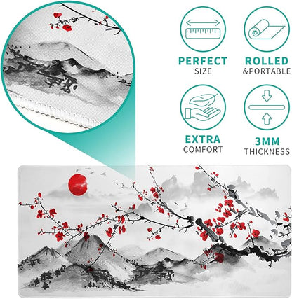 Japanese Cherry Blossom Gaming Mouse Pad 27.6x11.8 Inch Pink Full Desk Sakura Large Non-Slip Rubber Base Waterproof Big Keyboard Mat With Stitched Edges for Office