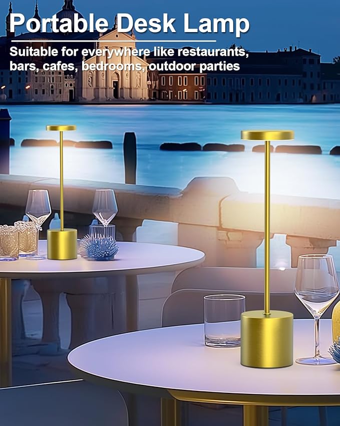 Cordless Table Lamps Rechargeable Set of 2, Portable LED Desk Lamp, 5000mAh Battery Powered Wireless Table Light - 3 Color Dimmable Lighting for Restaurant Dining Patio Outdoor Bedroom(Gold)