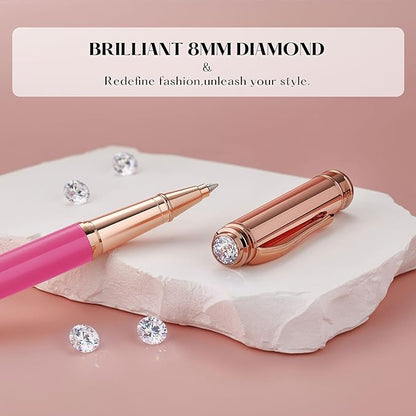 Luxury Rollerball Pen, With 8mm Brilliant diamond,Vibrant Pink Pen,Attractive Real Rose Gold Finish, Schmidt Black Refill,Glitter Fancy Pens Gifts for Women Wedding Bridesmaid Office,Nice pen