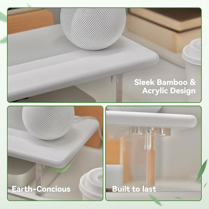 Bamboo Monitor Stand Riser with RGB Lights,31.5 Inches Desktop Shelf with Acrylic Legs Supports for Desk, PC Computer Monitor, Laptops, Printer, Speakers (White)