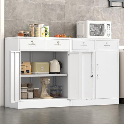 Metal Storage Cabinet, Locking Storage Cabinet with Adjustable Shelf, 36" H Metal Cabinets with Two Drawers for Office, Garage, Home-White