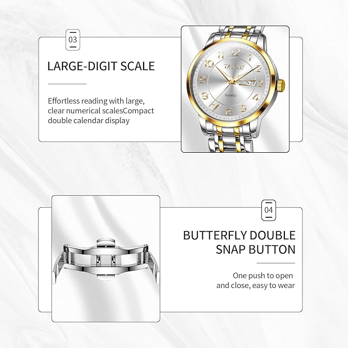 Stainless Steel Mens Watches with Day Date Quartz Analog Large Face Classic Watch Arabic Numerals Dress Luminous Rlojes para Hombres