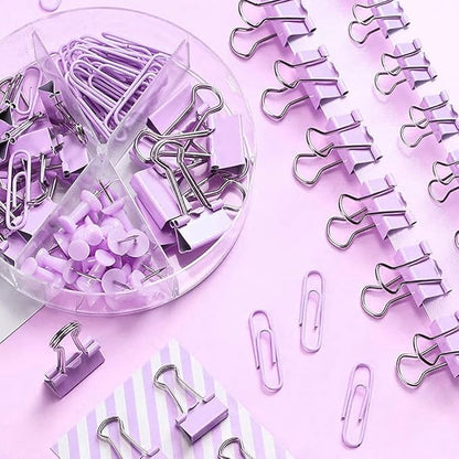 Purple Paper Clips and Binder Clips Set, 216 pcs, Metal Assorted Sized Binders with Push Pins, Cute Office Supplies for Desk, Durable Desk Accessories, 3 Pack