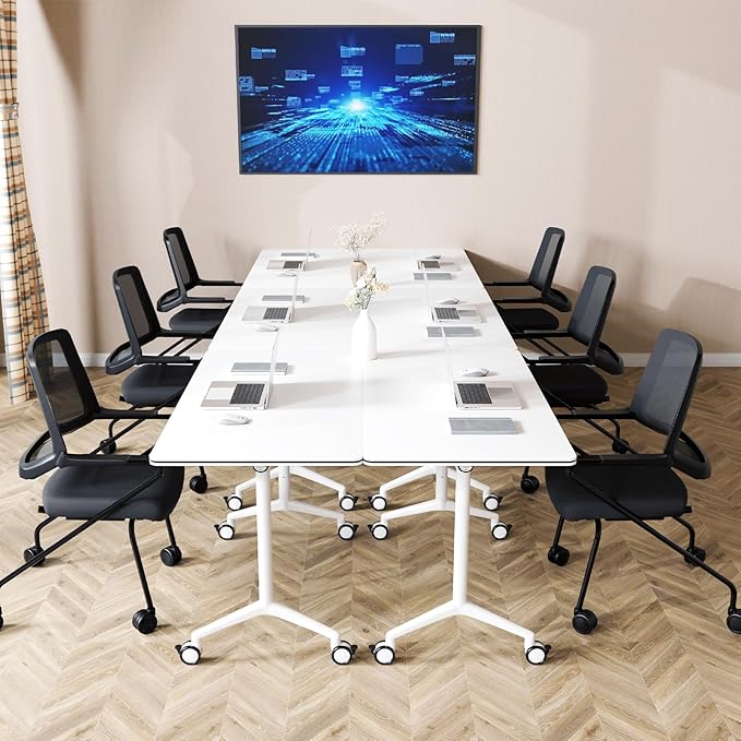 Folding Conference Table, Conference Room Tables Foldable Large Meeting Seminar Table on Wheels,Flip Top Boardroom Training Tables for Office, Classroom,Meeting (12, White, 70.8)