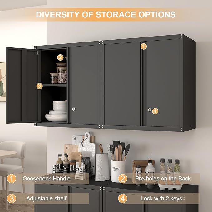 LUCYPAL Metal Wall Storage Cabinet with 2 Locking Doors and Adjustable Shelves,Garage Wall Cabinets,Steel Lockable Storage Cabinet for Home Office,Garage,Warehouse Black