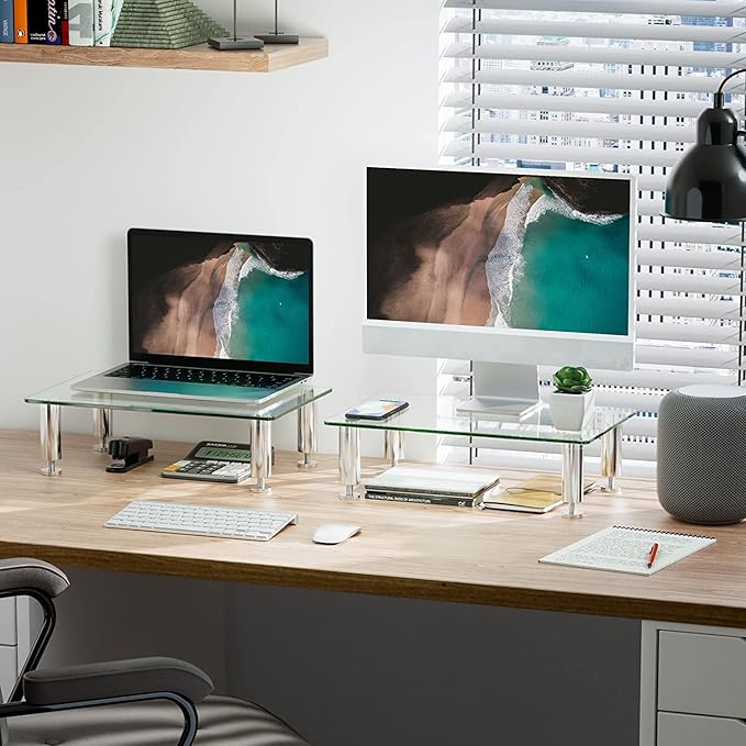 FITUEYES 2 Pack Monitor Stand –Adjustable Glass Computer Monitor Riser, Clear Desktop Stand for Laptop TV Computer Screen, Desk Organization, Office Supplies, DT103803GC