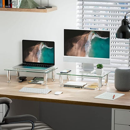 FITUEYES 2 Pack Monitor Stand –Adjustable Glass Computer Monitor Riser, Clear Desktop Stand for Laptop TV Computer Screen, Desk Organization, Office Supplies, DT103803GC