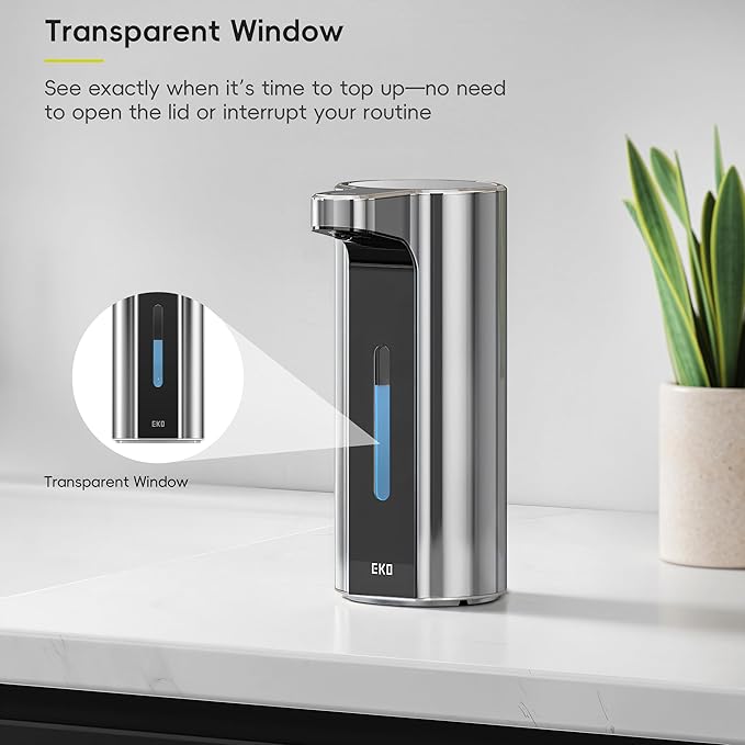 EKO Aroma Pro 13.5 fl oz Touchless Automatic Liquid Soap Dispenser, Rechargeable Hand & Dish Soap Dispenser for Bathroom and Kitchen Sink, Waterproof, Adjustable Volume Control (Chrome Metallic)