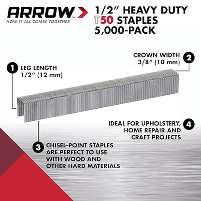 Arrow 508IP Heavy Duty T50 1/2-Inch Staples for Upholstery, Construction, Furniture, Crafts, 5000-Pack