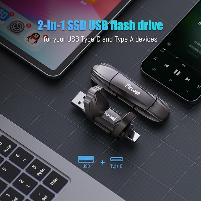 FU388 External Solid State Drive 1TB, Up to 1000MB/s for Data Storage,Dual-Port Stick Design with USB-A & Type-C Expansion of Storage for iPhone 15/16 /Android/PC/Mac/Laptop