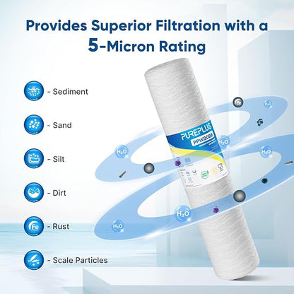 PUREPLUS 5 Micron 4.5" x 20" Whole House String Wound Sediment Filter for Well Water, Replacement Cartridge for Pentair Pentek WP5BB20P/WP25BB20P, Hydronix SWC-45-2005, SpiroPure SP-WP5-20BB, 4Pack
