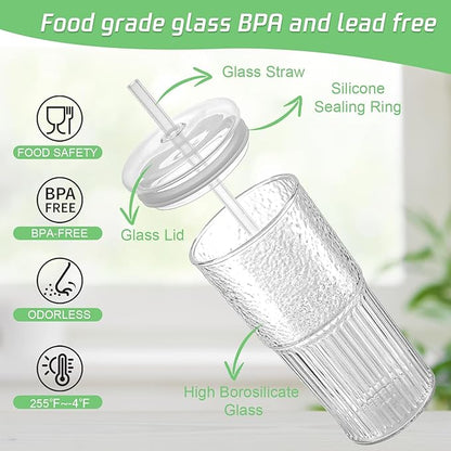 Glass Cups with Lids and Glass Straws, High Borosilicate 20OZ Tumblers (4Pcs) for Coffee, Tea, Juice, Smoothies, Hot/Cold Drinks at Home, Office