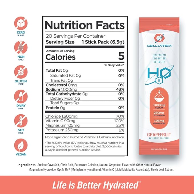Cellutrex® H2O Electrolytes – Electrolyte Powder Drink Mix, Zero Sugar, Natural Salt Hydration Packets for Recovery and Wellness, Grapefruit, 20 Sticks