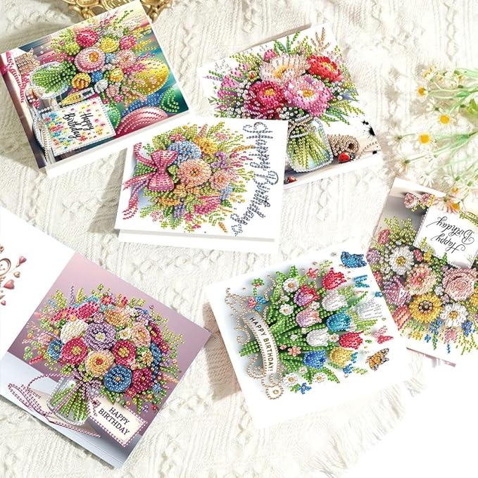 6PCS Diamond Art Painting Greeting Card Set, Bouquet Pattern DIY Cards with Envelopes for Xmas Birthdays Special Occasion Blessing