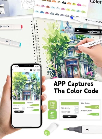 120 Colors Alcohol Markers with Free App, Chisel & Fine Tip Alcohol-Based Marker Set for Adults, Dual Tip Artist Markers for Drawing, Coloring Illustration, Painting and Great Gift Idea