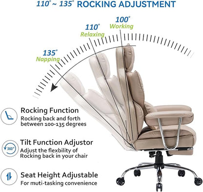 Efomao Big and Tall Office Chair 400lbs – PU Leather Executive Office Chair with Lumbar Support & Leg Rest, Heavy-Duty Computer Chair for Home Office, Dark Beige
