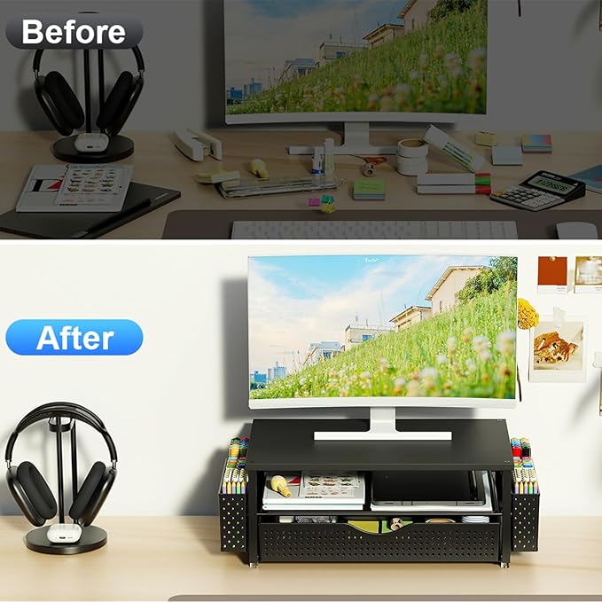 Desk Organizer and Accessories, Computer Monitor Stand Riser with Drawer and 2 Pen Holders, Office Desk Accessories & Workspace Organizers for Office Supplies (Black)