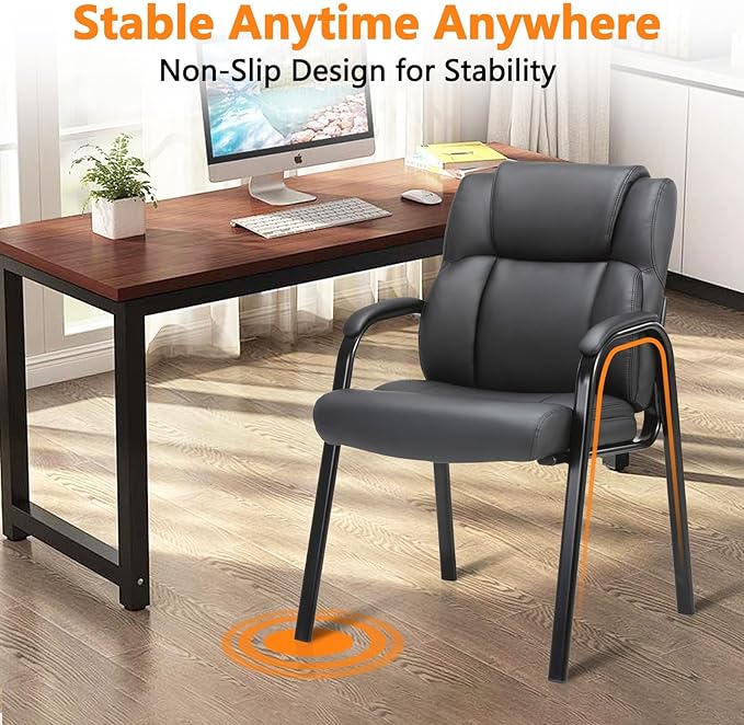 CLATINA Black Guest Chair with Arms, Office Reception Chairs for Conference and Waiting Room, Ergonomic Leather Visitor Desk Chair No Wheels Side Office Home Chairs, 2PK