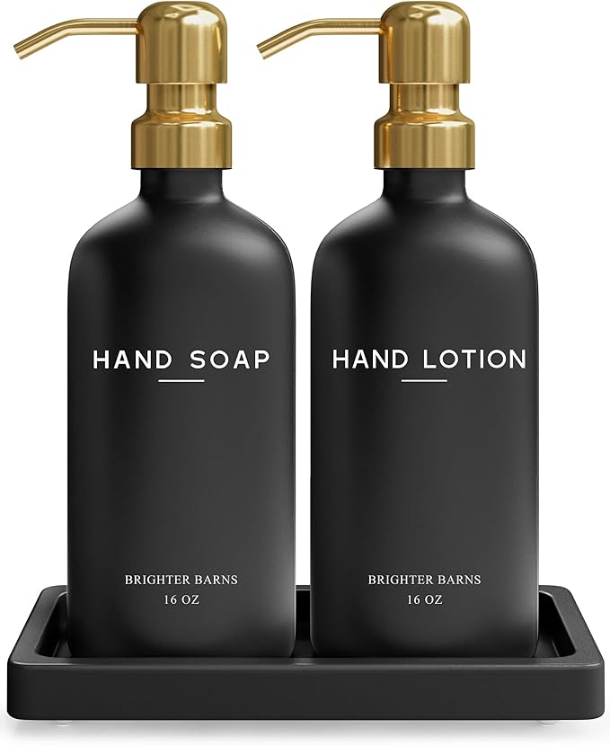 Luxury Glass Soap Dispenser Bathroom Set by Brighter Barns - Black and Gold Soap and Lotion Dispenser Set with Tray - Modern Bathroom Decor for Airbnb, Guest House, Vacation Rental, Gift (Black/Gold)