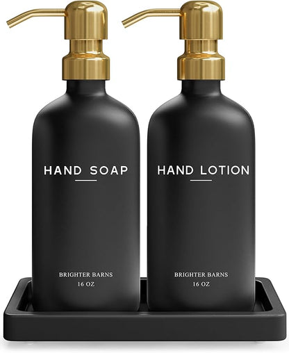 Luxury Glass Soap Dispenser Bathroom Set by Brighter Barns - Black and Gold Soap and Lotion Dispenser Set with Tray - Modern Bathroom Decor for Airbnb, Guest House, Vacation Rental, Gift (Black/Gold)