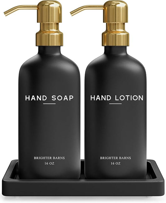 Luxury Glass Soap Dispenser Bathroom Set by Brighter Barns - Black and Gold Soap and Lotion Dispenser Set with Tray - Modern Bathroom Decor for Airbnb, Guest House, Vacation Rental, Gift (Black/Gold)