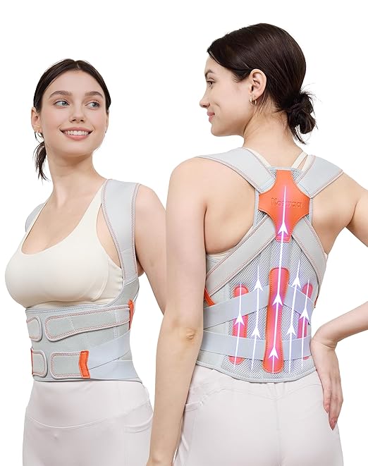 Posture Corrector for Women and Men, 5 Full Back Support Brace Rods, Adjustable Shoulder Straightener, FSA&HSA Eligible, Relief for Upper and Lower Back, Lumbar, Neck Pain (Gray, Small)