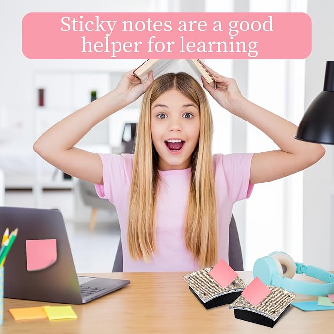 Rhinestone Self Sticky Note Holder Post it Note Dispenser Pop-Up Sticky Notes Dispenser 4 x 4 Inches Post it Dispenser for Desk (Rose Gold)