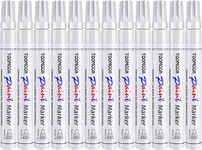 White Paint Pens Permanent Paint Markers - 12 Pack Oil Based Marking Pens, Medium Point, Quick Drying and Waterproof Pens for Rock Painting Car Tyre Metal, Plastic, Canvas, Wood