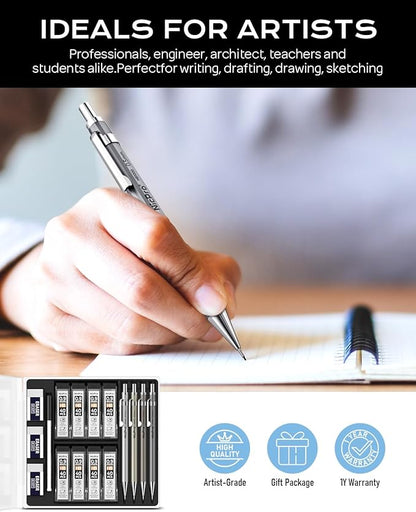 Nicpro 4 Pack Metal Mechanical Pencil Set 0.9mm, MB1000 Lead Drafting Pencil 0.9 mm with 8 Tube HB #2 Lead Refill, 3PCS 4B Eraser, 9 Cap Eraser for Artist Writing, Sketching, Drawing- Come with Case