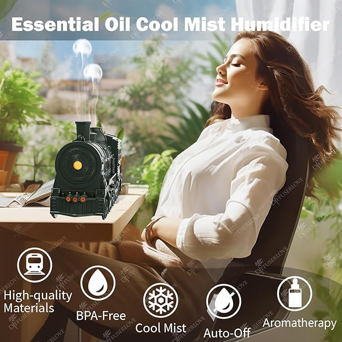 Diffuserlove Essential Oil Diffuser 300ML Train Cool Mist Humidifier Quiet Aromatherapy Diffuser with Night Light for Bedroom Desk