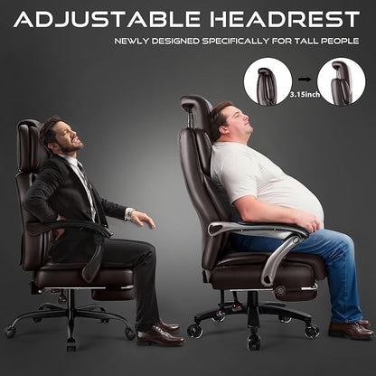 OFIKA 600lbs Big and Tall Office Chair with Foot Rest and Lifting Headrest,Large Heavy Duty Chair with Adjustable Lumber Support,Executive Office Chair,Leather Chair for Heavy People (Brown)