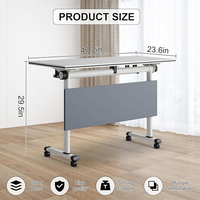 Conference Table Folding Conference Room Tables, Modern Mobile Meeting Training Table with Silent Wheels, Foldable Seminar Table for Offices, Classrooms, Libraries (6, Grey, 47.2in)