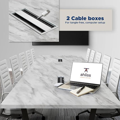 Sturdy Conference Table with Cable Management Grommets Modern Rectangle Office Meeting Table with Wood Tabletop and Metal Frame & Legs- Easy Assembly Boardroom Table (White Marble, 10 Foot)