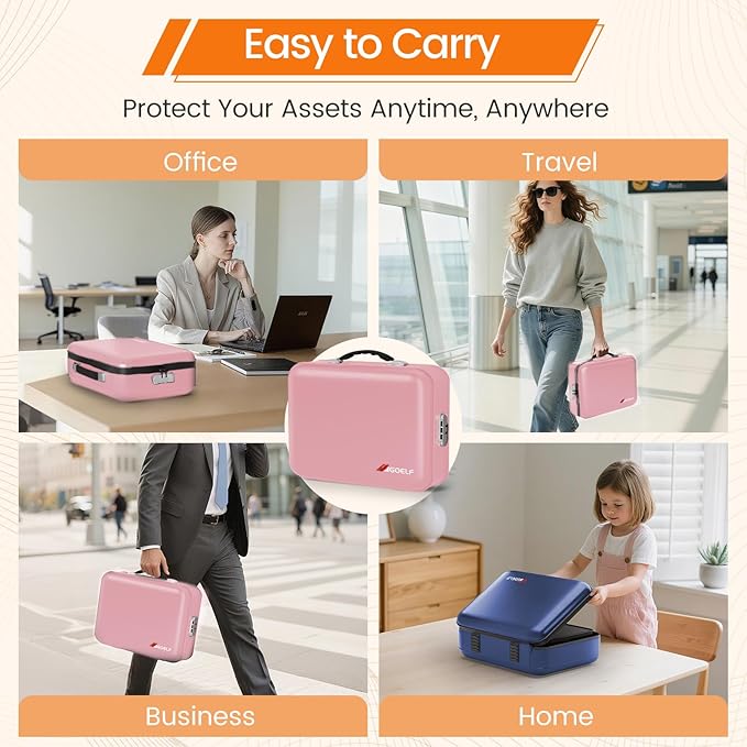 Fireproof Document Box with Lock, 5200°F Fireproof Water Resistant Hard Case File Organizer Safe Box for Important Documents, Certificates, Laptop, Passports (Pink)