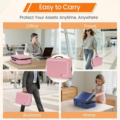 Fireproof Document Box with Lock, 5200°F Fireproof Water Resistant Hard Case File Organizer Safe Box for Important Documents, Certificates, Laptop, Passports (Pink)