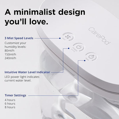 Carepod Mini 21P Ultrasonic Cool Mist Humidifier Whisper-Quiet Filter-Free Easy Clean - Only 3 Washable Parts to Clean, Auto Shut-off, 0.74gal 2.8l Tank, Nursery, Baby, Kids Bedrooms