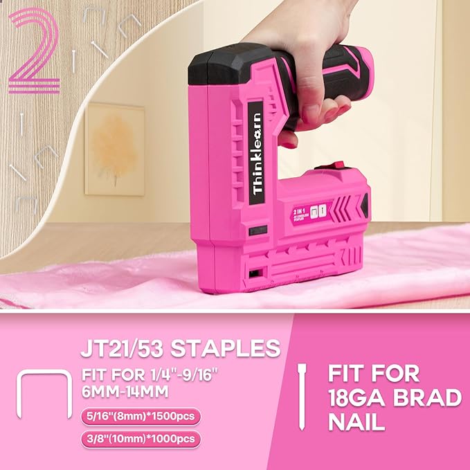 Pink Electric Staple Gun, 7PCS 2 in 1 Cordless Stapler Nail Gun Set with 2500pcs Staples Nails, 4V Brad Nailer Tacker for Upholstery, Wood, Carpentry, Crafts, DIY, Brad Nailer Kit with USB Charger